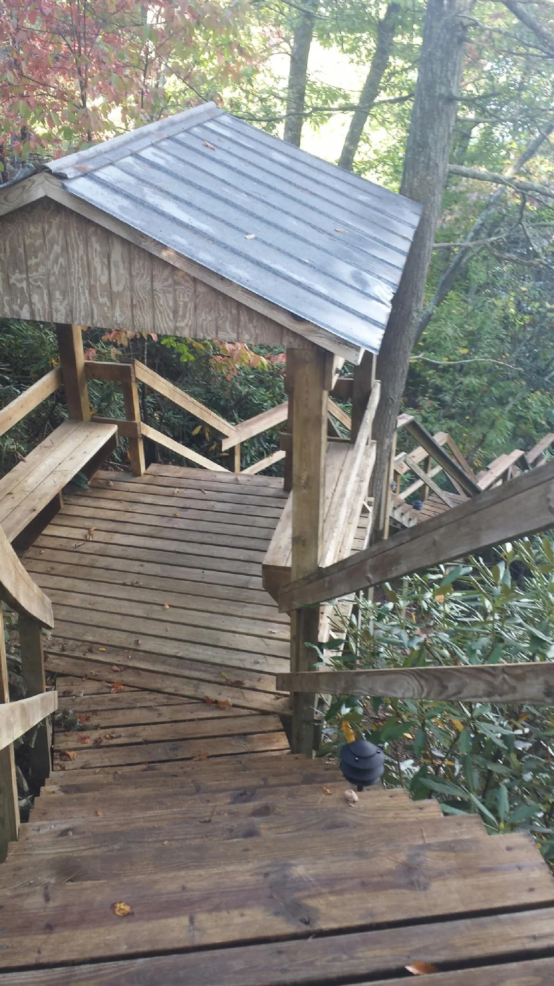 Metal roofed shelter over wooden steps on a wooded walkway — Skylight Repair & Installation work by our crew in Winona